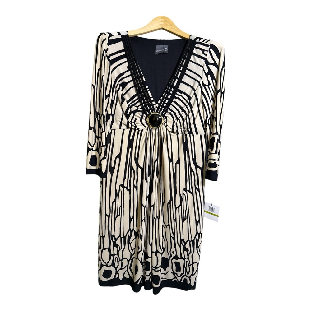 Muse Black Ivory Abstract Print Empire Waist Dress Size 14 Statement Chic NWT - Picture 3 of 7
